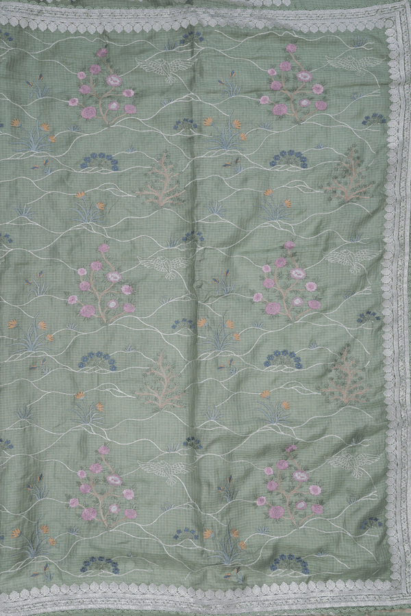 Floral Embroidered Design Light Sage Green Kota Silk Saree