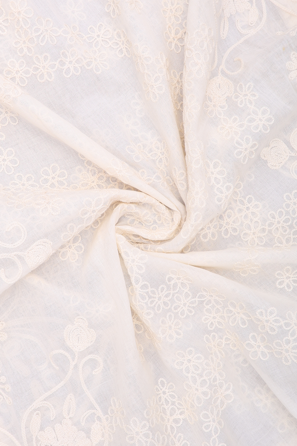 Floral Embroidered Design White Cotton Dupatta