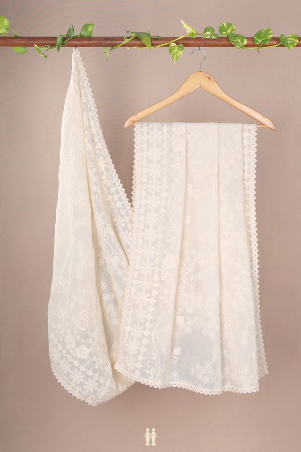 Floral Embroidered Design White Cotton Dupatta