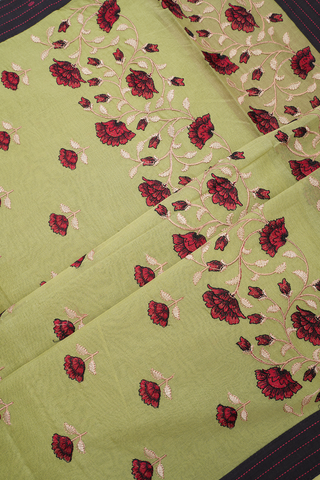 Floral Embroidered Motif Pastel Green Ahmedabad Cotton Saree