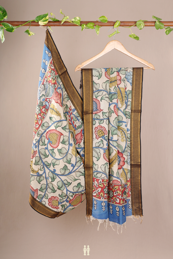 Floral Hand Painted Beige Kalamkari Cotton Dupatta