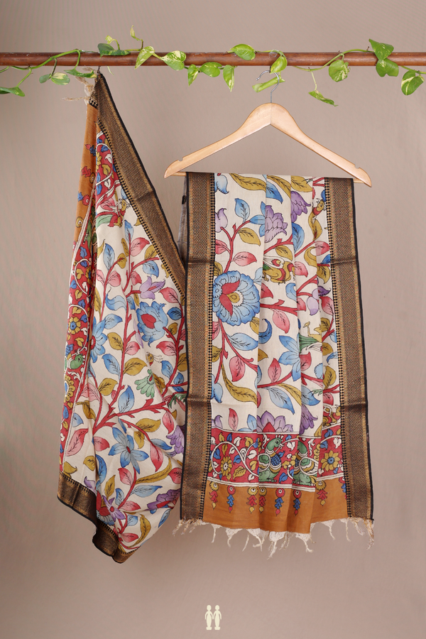 Floral Hand Painted Beige Kalamkari Cotton Dupatta