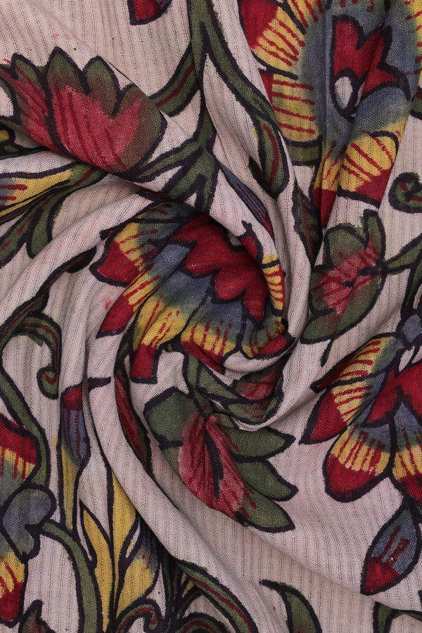 Floral Hand Painted Beige Kalamkari Cotton Dupatta