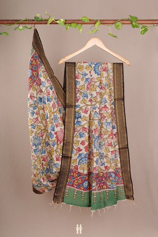 Floral Hand Painted Beige Kalamkari Cotton Dupatta