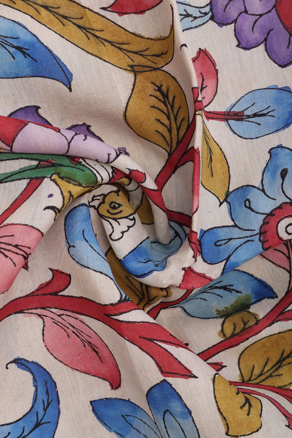 Floral Hand Painted Beige Kalamkari Cotton Dupatta