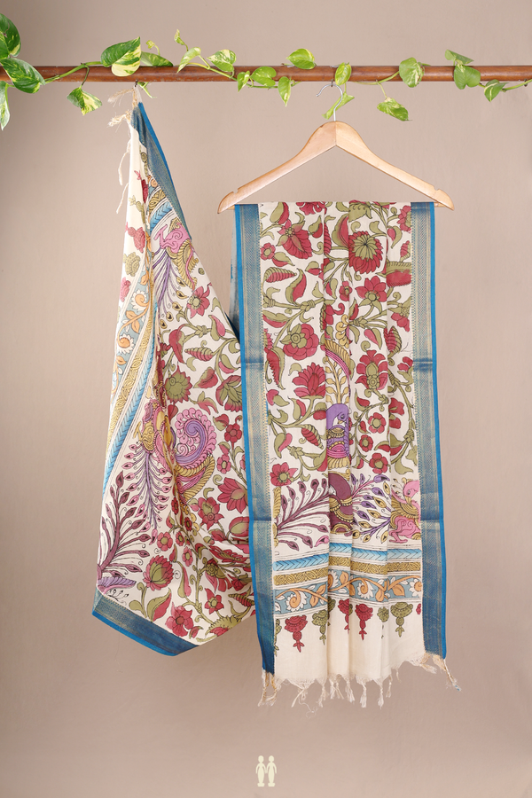 Floral Hand Painted Beige Kalamkari Cotton Dupatta