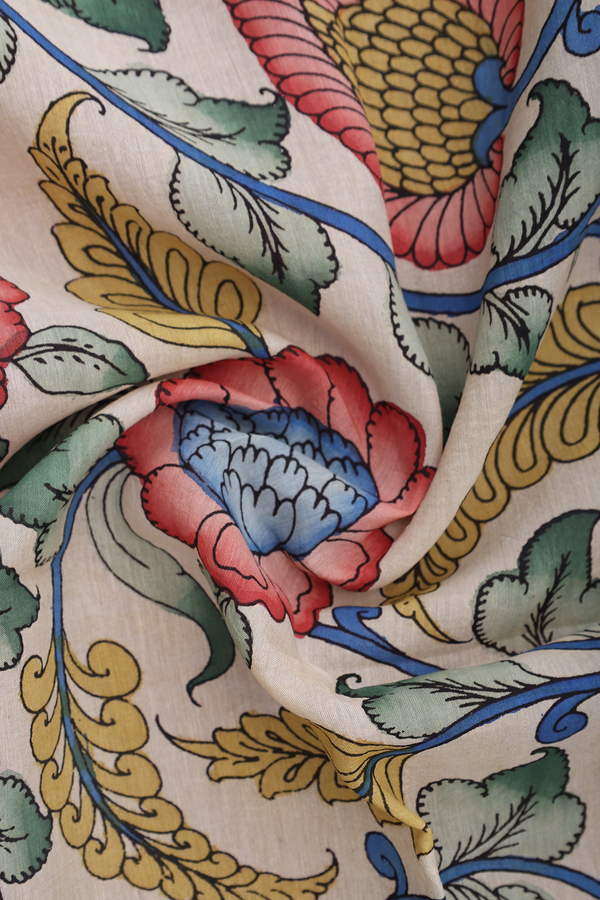 Floral Hand Painted Beige Kalamkari Cotton Dupatta