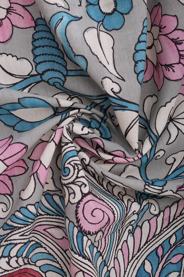 Floral Hand Painted Grey Kalamkari Cotton Dupatta
