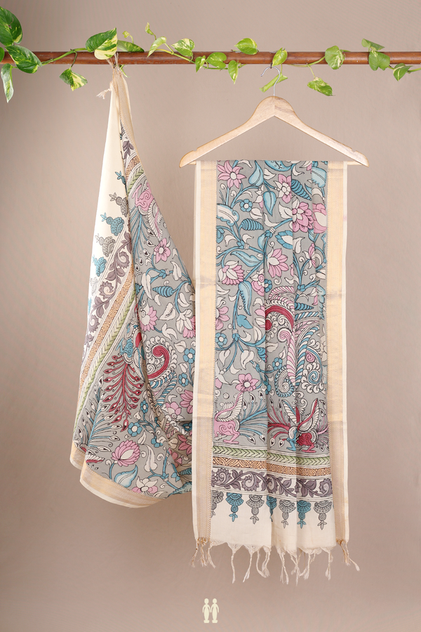 Floral Hand Painted Grey Kalamkari Cotton Dupatta
