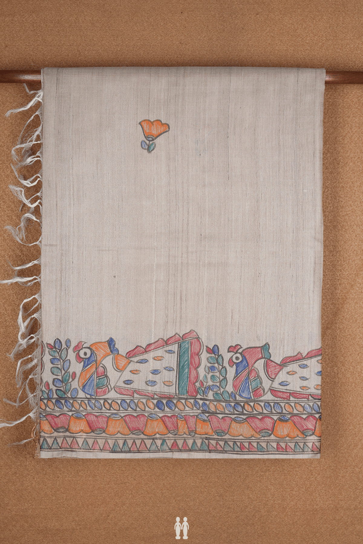 Floral Printed Motifs Beige Tussar Madhubani Silk Saree
