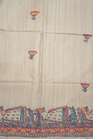 Floral Printed Motifs Beige Tussar Madhubani Silk Saree