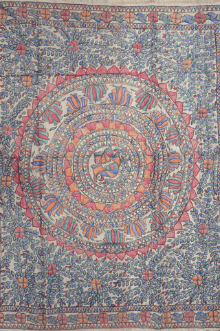 Floral Printed Motifs Beige Tussar Madhubani Silk Saree
