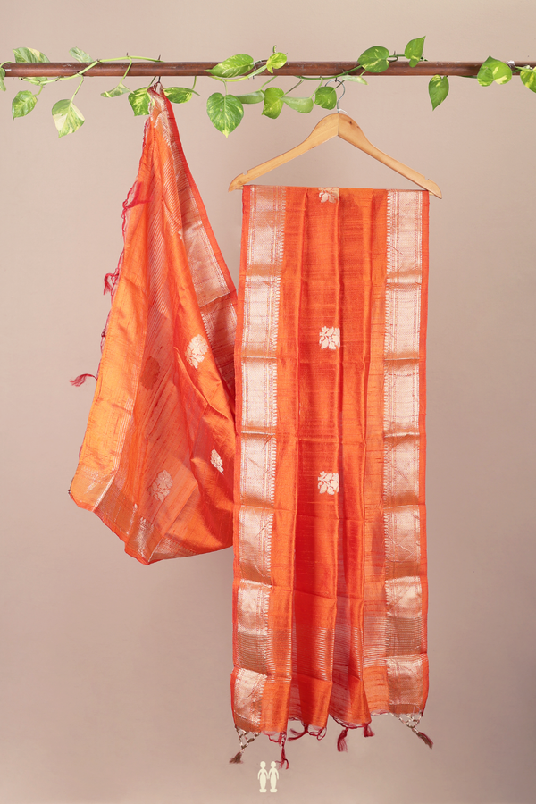 Floral Motifs Orange Raw Silk Dupatta