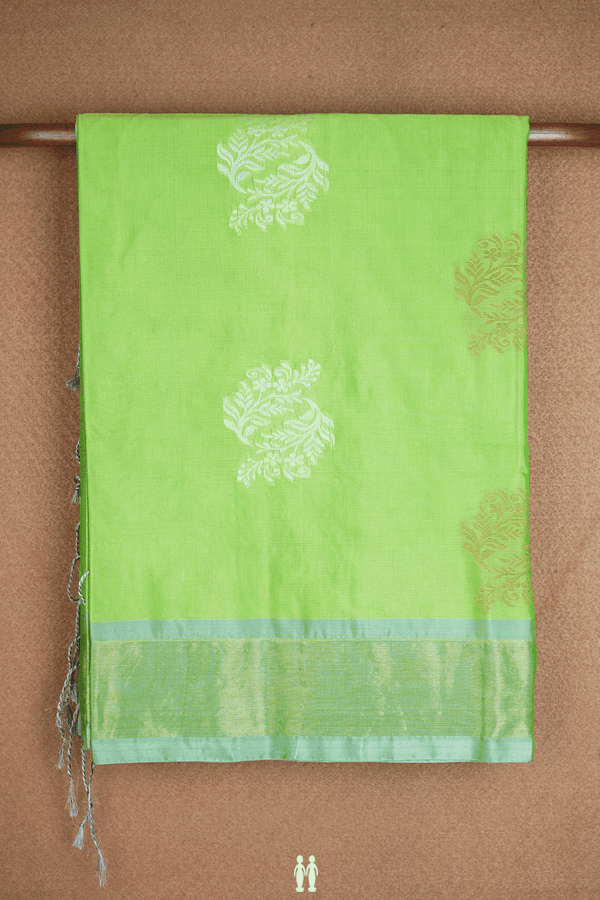 Floral Motifs Parrot Green Kora Silk Cotton Saree