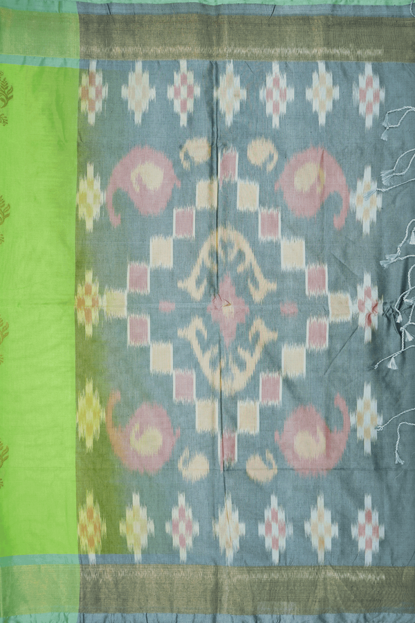 Floral Motifs Parrot Green Kora Silk Cotton Saree