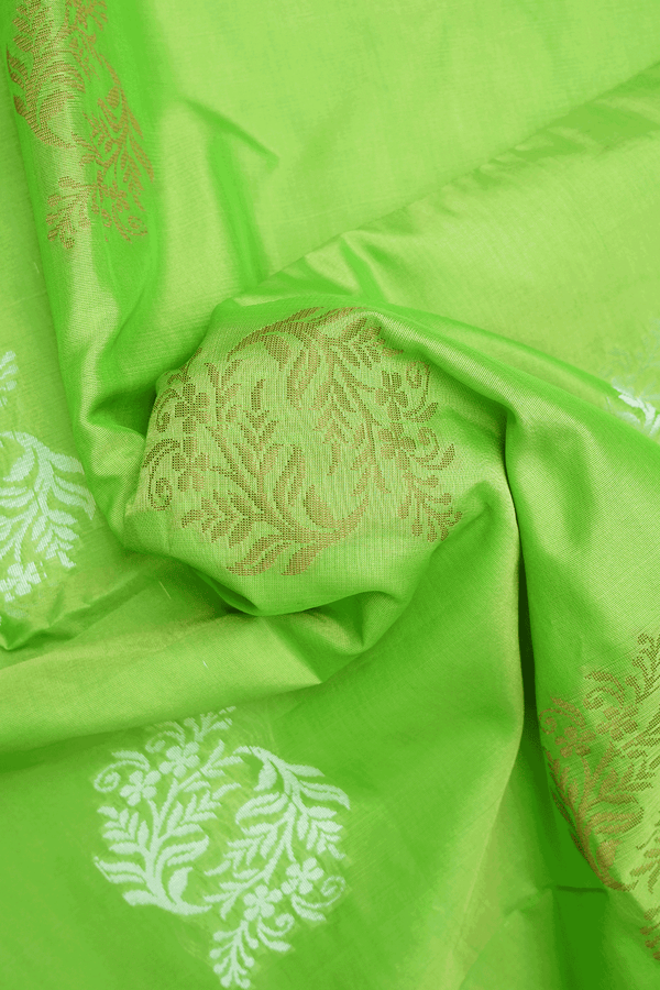 Floral Motifs Parrot Green Kora Silk Cotton Saree
