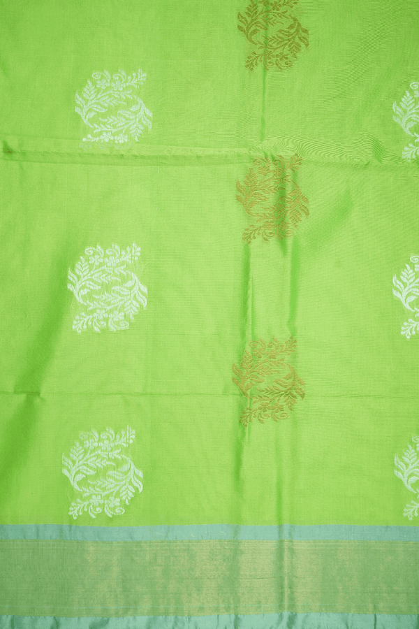Floral Motifs Parrot Green Kora Silk Cotton Saree