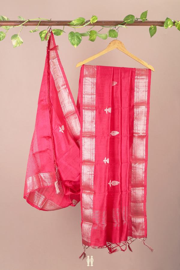 Floral Motifs Rani Pink Raw Silk Dupatta