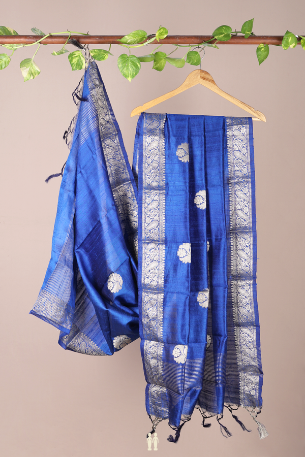 Floral Motifs Royal Blue Raw Silk Dupatta