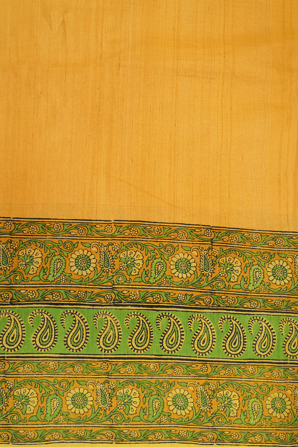 Floral Paisley Border Plain Saffron Yellow Tussar Silk Saree