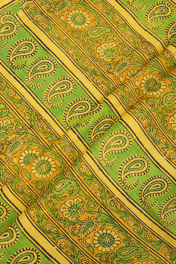 Floral Paisley Border Plain Saffron Yellow Tussar Silk Saree