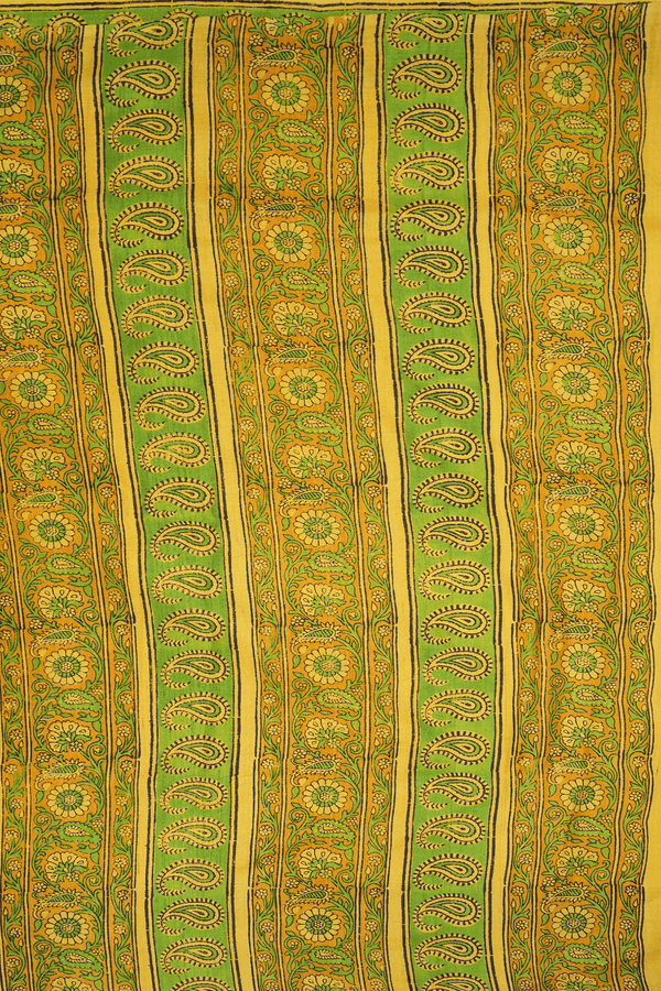 Floral Paisley Border Plain Saffron Yellow Tussar Silk Saree