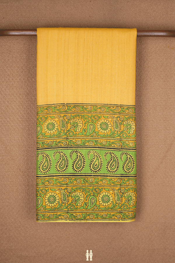 Floral Paisley Border Plain Saffron Yellow Tussar Silk Saree