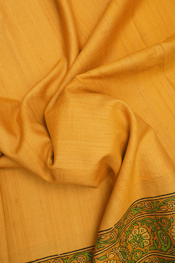 Floral Paisley Border Plain Saffron Yellow Tussar Silk Saree