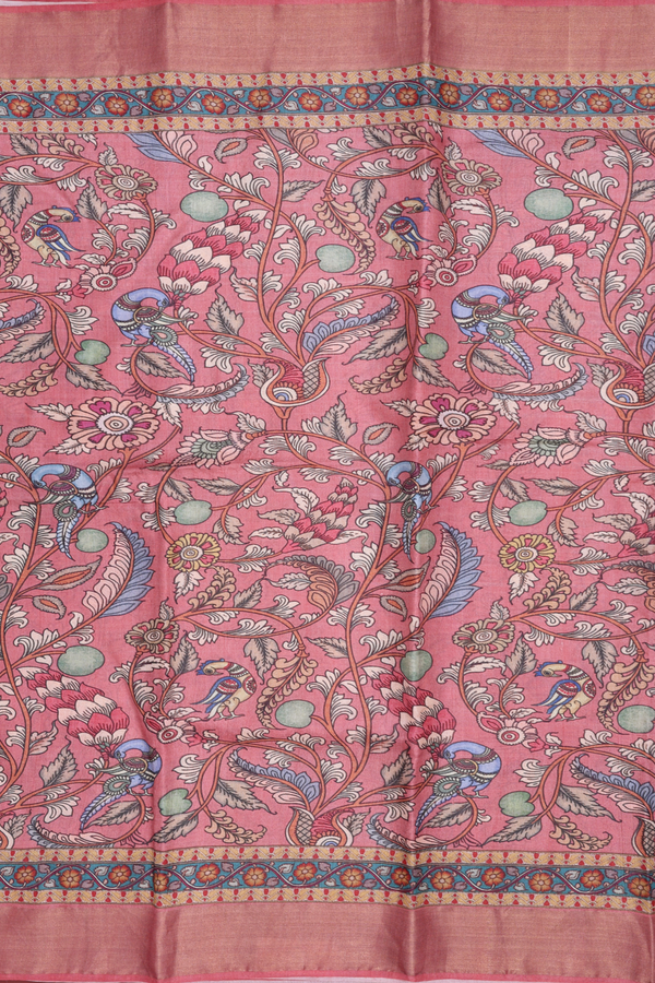 Floral Peacock Design Dusty Red Kalamkari Tussar Silk Saree
