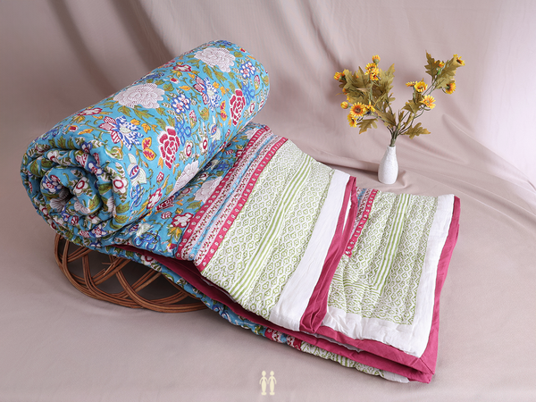 Floral Printed Blue Cotton Double Size Quilt