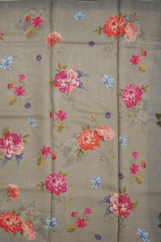 Floral Printed Brown Chanderi Silk Cotton Saree