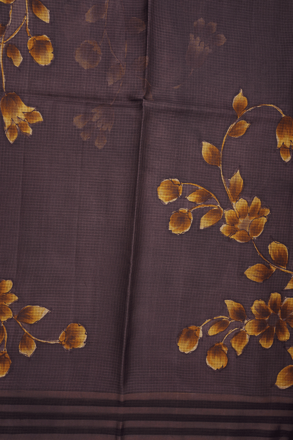 Floral Printed Design Coffee Brown Kota Silk Saree