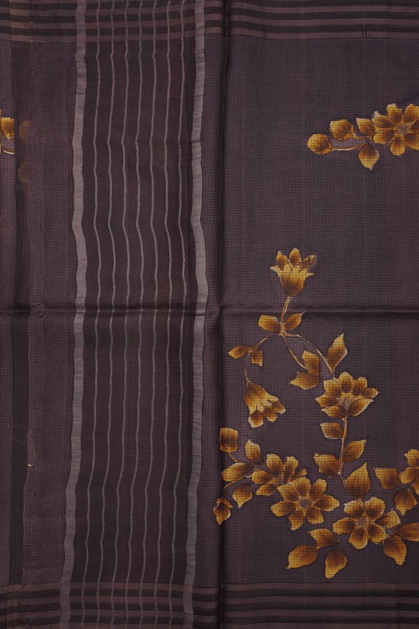Floral Printed Design Coffee Brown Kota Silk Saree