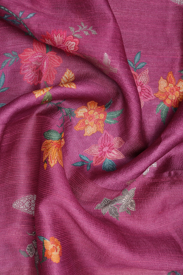 Floral Printed Design Berry Purple Tussar Silk Dupatta