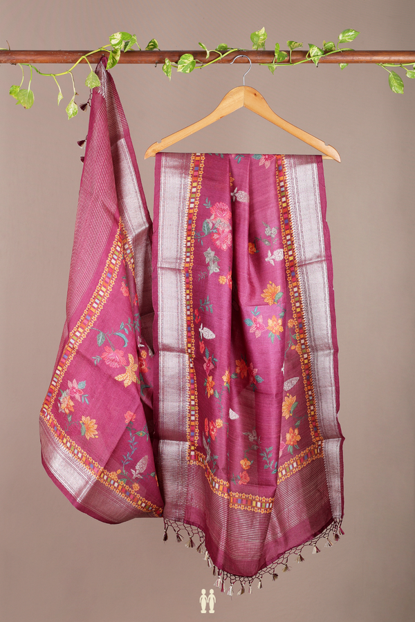 Floral Printed Design Berry Purple Tussar Silk Dupatta