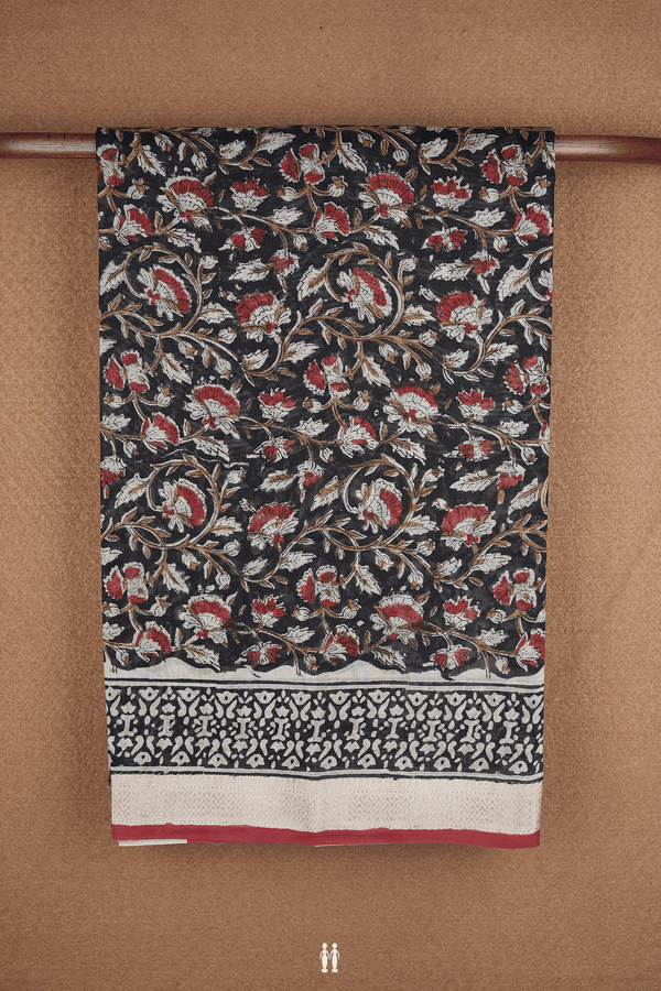 Floral Printed Design Black Chanderi Cotton Saree