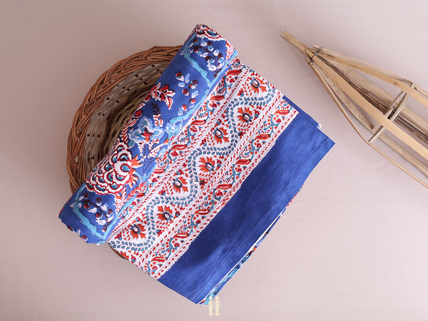 Floral Printed Design Blue Cotton Double Bedspread