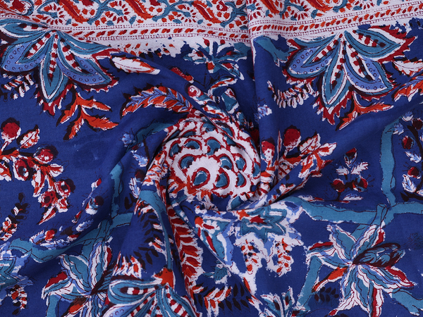 Floral Printed Design Blue Cotton Double Bedspread