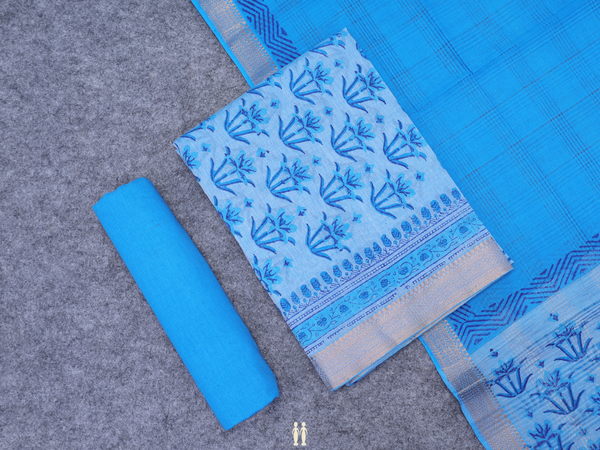 Floral Printed Design Blue Mangalagiri Cotton Salwar Material