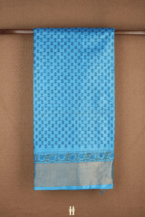 Floral Printed Design Blue Tussar Silk Saree