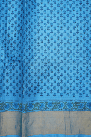 Floral Printed Design Blue Tussar Silk Saree