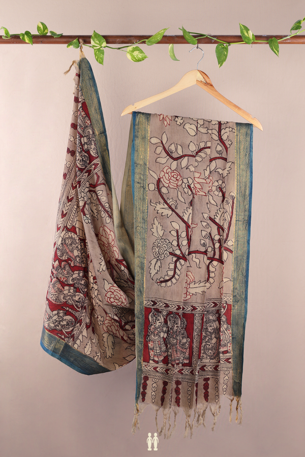 Floral Printed Design Brown Tussar Silk Dupatta