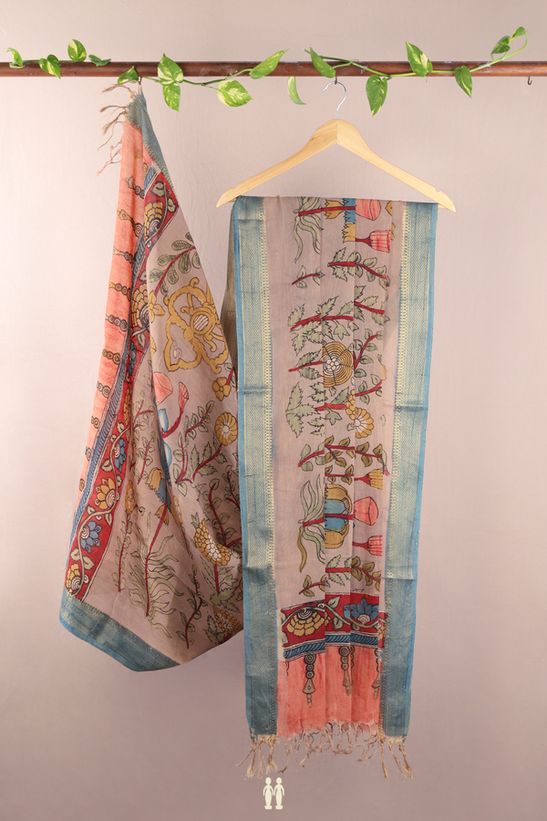 Floral Printed Design Brown Tussar Silk Dupatta