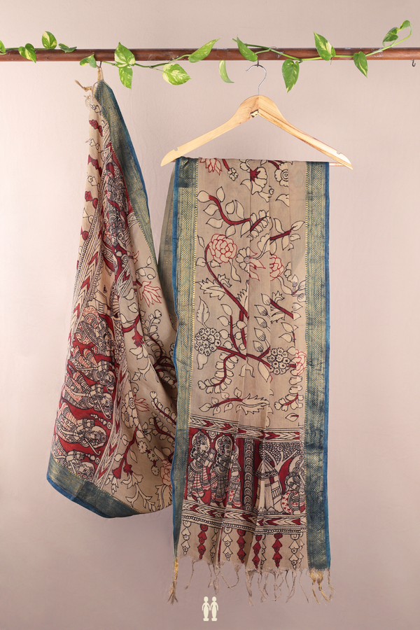 Floral Printed Design Brown Tussar Silk Dupatta