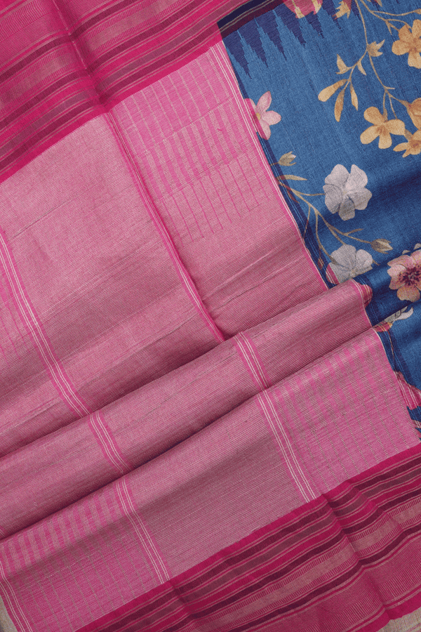 Floral Printed Design Capri Blue Tussar Silk Saree