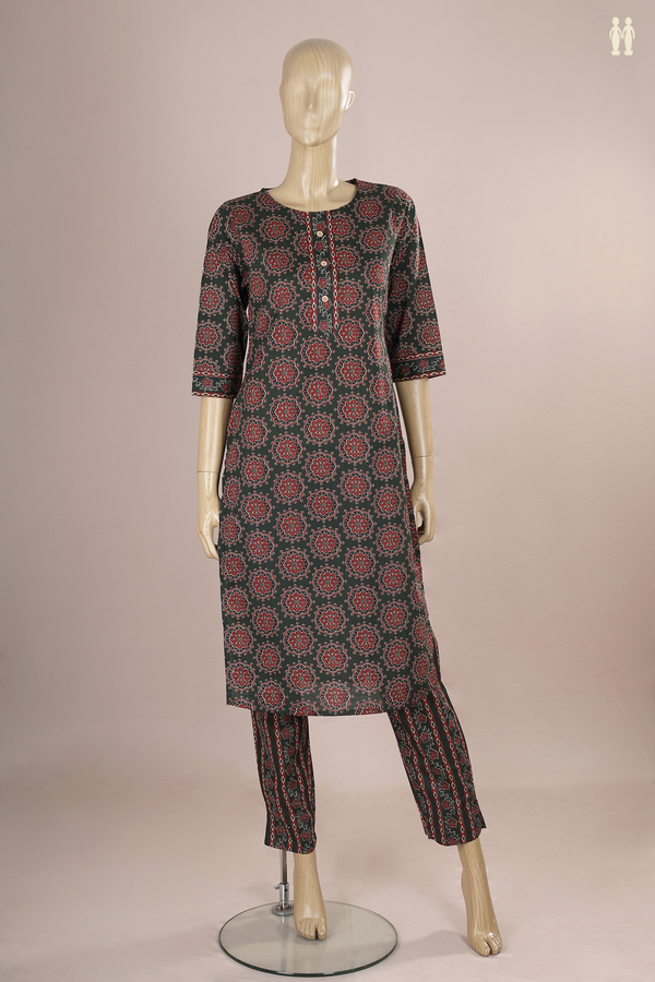 Round Neck Floral Design Dark Green Cotton Salwar Set