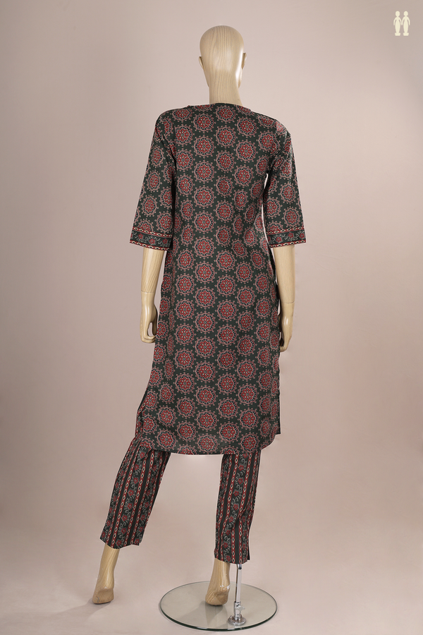Round Neck Floral Design Dark Green Cotton Salwar Set