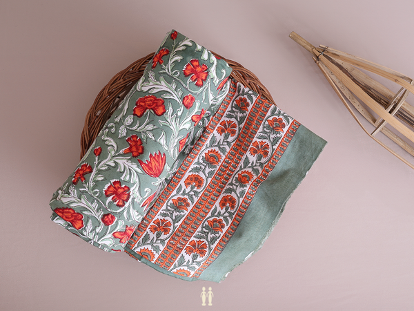 Floral Printed Design Green Cotton Double Bedspread