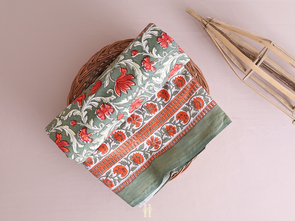 Floral Printed Design Green Cotton Double Bedspread