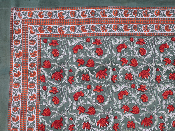 Floral Printed Design Green Cotton Double Bedspread